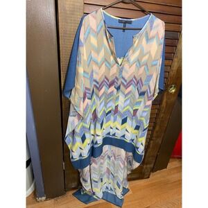 BCBGMAXAZRIA Geometric Print Kaftan Hi-Low Maxi Dress Blue M/L